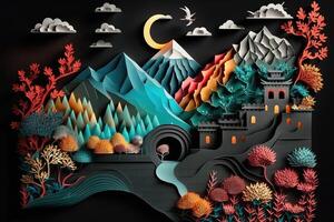 Great Wall of China papercut craft art. 3D Papercut paper art craft color Background Wallpaper. . photo