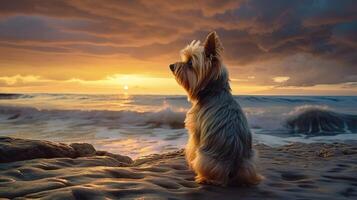 dog sitting on a beach with sunset in the background. . photo