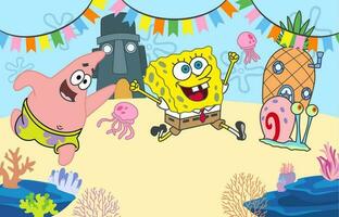 Funny Yellow Sponge and Pink Starfish Playing Under The Sea with Copy Space vector