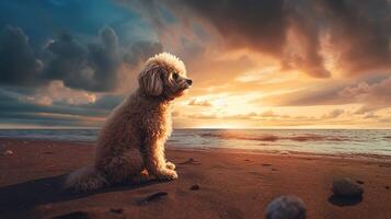 perro sentado en un playa con puesta de sol en el antecedentes. generativo ai. foto