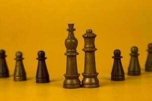 8 pieaces Realistic queen on bright yellow background with copy space. Chess piece. Minimal creative battle concept. 3d render 3d illustration photo