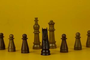 Leader concept of Realistic queen on bright yellow background with copy space. Chess piece. Minimal creative battle concept. 3d render 3d illustration photo