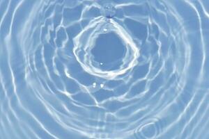 Blue water with ripples on the surface. Defocus blurred transparent blue colored clear calm water surface texture with splashes and bubbles. Water waves with shining pattern texture background. photo