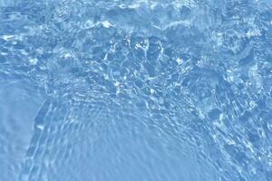 Blue water with ripples on the surface. Defocus blurred transparent blue colored clear calm water surface texture with splashes and bubbles. Water waves with shining pattern texture background. photo