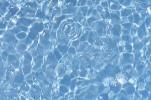 Blue water with ripples on the surface. Defocus blurred transparent blue colored clear calm water surface texture with splashes and bubbles. Water waves with shining pattern texture background. photo