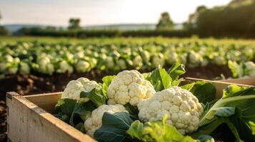 Fresh cauliflower in a wooden box on a background of the field. Space for text, mockup, photo