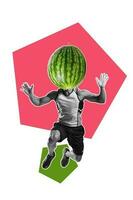 Conceptual collage image of a basketball player jumping with watermelon instead of his head photo