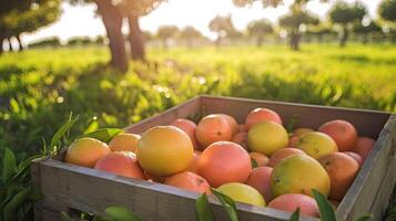 Grapefruits in a wooden box in the garden. Selective focus. Space for text, mockup, photo