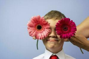 contento chico en un blanco camisa cierra su ojos con rojo gerbera flores foto