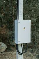 electric metal box on a pole. electric control cabinet on a pole photo