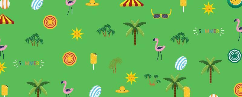 seamless summer pattern beach elements such as sunglasses, palm, watermelon slice, tote bag, umbrella, ice cream, waves, sand. Fashion print design