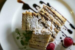 a delicious beautiful piece of cake with chocolate and berries photo