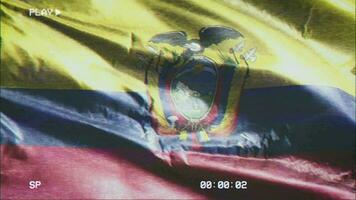 VHS video casette record Ecuador flag waving on the wind. Glitch noise with time counter recording Ecuadorian banner swaying on the breeze. Seamless loop.