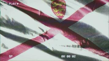 vhs Video Kassette Aufzeichnung Jersey Flagge winken auf das Wind. Panne Lärm mit Zeit Zähler Aufzeichnung Jersky Banner schwankend auf das Brise. nahtlos Schleife.