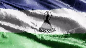 Oil painting Lesotho flag canvas waving on the wind. Drawing paint banner swaying on the breeze. Seamless loop. video