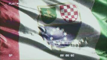 vhs Video Kassette Aufzeichnung Föderation von Bosnien und Herzegowina Flagge winken auf das Wind. Panne Lärm mit Zeit Zähler Aufzeichnung Banner schwankend auf das Brise. nahtlos Schleife.