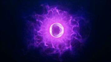 Purple energy sphere with glowing bright particles, atom with electrons and elektric magic field scientific futuristic hi-tech abstract background video