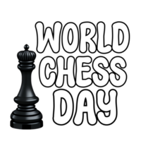 World chess Day  text, World chess Day calligraphy, chess Day lettering inscription clipart on transparent background, chess piece digital art, chess king queen piece clipart, chess icon png