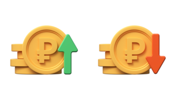 3d ruble coins with up and down arrows. The rise and fall of the ruble. png