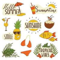 Set of vector summer icons. Collection of isolated stickers with hand lettering. Beach holiday attributes and inscription templates. Funny design elements.