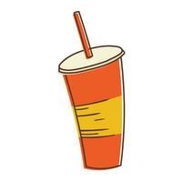 Simple vector isolated illustration. Disposable paper glass for soda, juice or soft drinks with a straw. Summer doodle sticker.