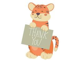 Cute baby tiger holding a thank you board. Vector isolated cartoon funny wild animal.