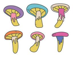 Set of multicolored psychedelic poisonous mushrooms in groovy style. Vector hippie retro design elements.