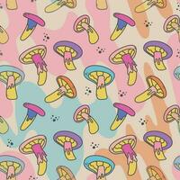 Psychedelic poisonous mushrooms in Groove style. Vector retro seamless pattern, Hippie trip concept.