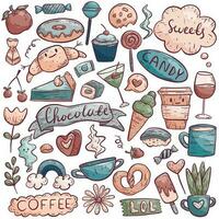 Set of vector doodle images. Cute funny icons on the theme of food and drink, sweets and yummy. Funny lined isolated pictures or stickers on a white background. Decoration ideas.