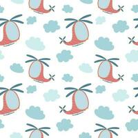 Baby boy toy, helicopter and clouds, vector seamless cartoon pattern.