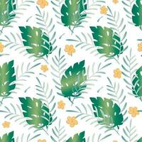 tropical verano sin costura modelo. dibujos animados monstera hojas y plumeria flores verde tendencias planta ramas para antecedentes o fondo de pantalla decoración. vector