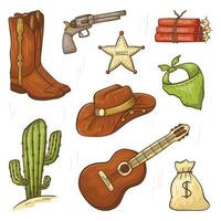 Set of doodle vector isolated icons in country style. Line art cowboy design elements. Outline wild west print or decoration stickers.