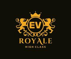 Golden Letter EV template logo Luxury gold letter with crown. Monogram alphabet . Beautiful royal initials letter. vector
