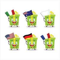 Green christmas gift cartoon character bring the flags of various countries vector