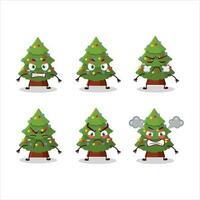 Green christmas tree cartoon character with various angry expressions vector