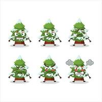 Green snow christmas tree cartoon character with various angry expressions vector