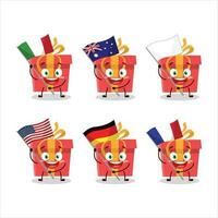 Red christmas gift cartoon character bring the flags of various countries vector