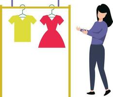 The girl is looking at the clothes. vector