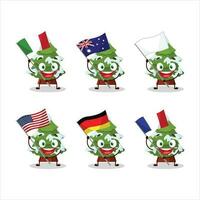 Green snow christmas tree cartoon character bring the flags of various countries vector