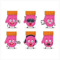 rosado guantes dibujos animados personaje son jugando juegos con varios linda emoticones vector