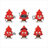 Red christmas tree cartoon character are playing games with various cute emoticons vector