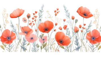 Poppy flowers watercolor border. Illustration AI Generative png