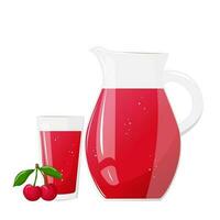 limonada jugo jarra y vaso con cerezas. refrescante beber. para diseño de Fresco producto, jugo, Enlatado alimento, menú para cafetería, póster. plano vector ilustración diseño