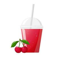 Red fresh cherry juice in plastic glass. Fruit juice in clear plastic cup. Vector illustration for design of fresh product, juice, canned food, menu for cafe