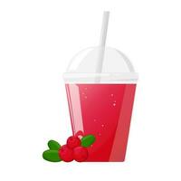 Red fresh cranberry or lingonberry juice in plastic glass. Fruit juice in clear plastic cup. Vector illustration for design of fresh product, juice, canned food, menu for cafe