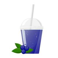 Blue fresh blueberry or bilberry juice in plastic glass. Fruit juice in clear plastic cup. Vector illustration for design of fresh product, juice, canned food, menu for cafe