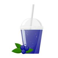 Blue fresh blueberry or bilberry juice in plastic glass. Fruit juice in clear plastic cup. Vector illustration for design of fresh product, juice, canned food, menu for cafe