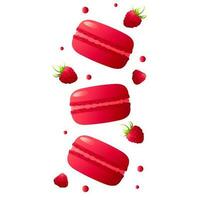 Red macarons with raspberries.Highly detailed dessert, macaroon, sweets, menu design, restaurants shop. Gradient macarons. Vector illustration