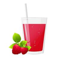 Glass of raspberry juice and raspberries isolated on white background. For labels, menus, poster, print, or packaging design. Vector illustration