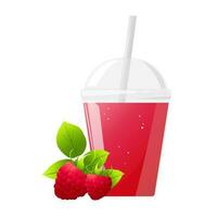 Red fresh raspberry juice in plastic glass. Fruit juice in clear plastic cup. Vector illustration for design of fresh product, juice, canned food, menu for cafe